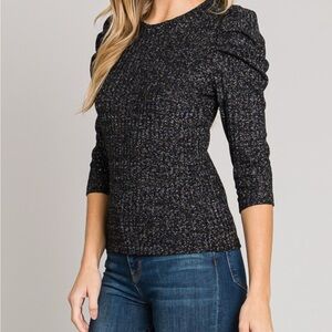 Black Ribbed Shimmer Long Sleeve Top with Puff Sleeves | NWT